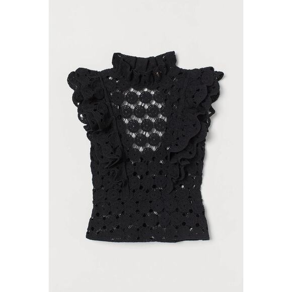 H&M black crochet mock neck floral open back sheer top XS short sleeve - Picture 1 of 12